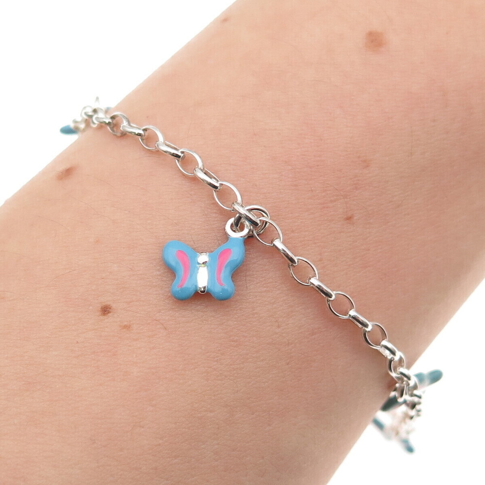 925 Sterling Silver Enamel Butterfly Dangle Charm Oval Link Bracelet 6"